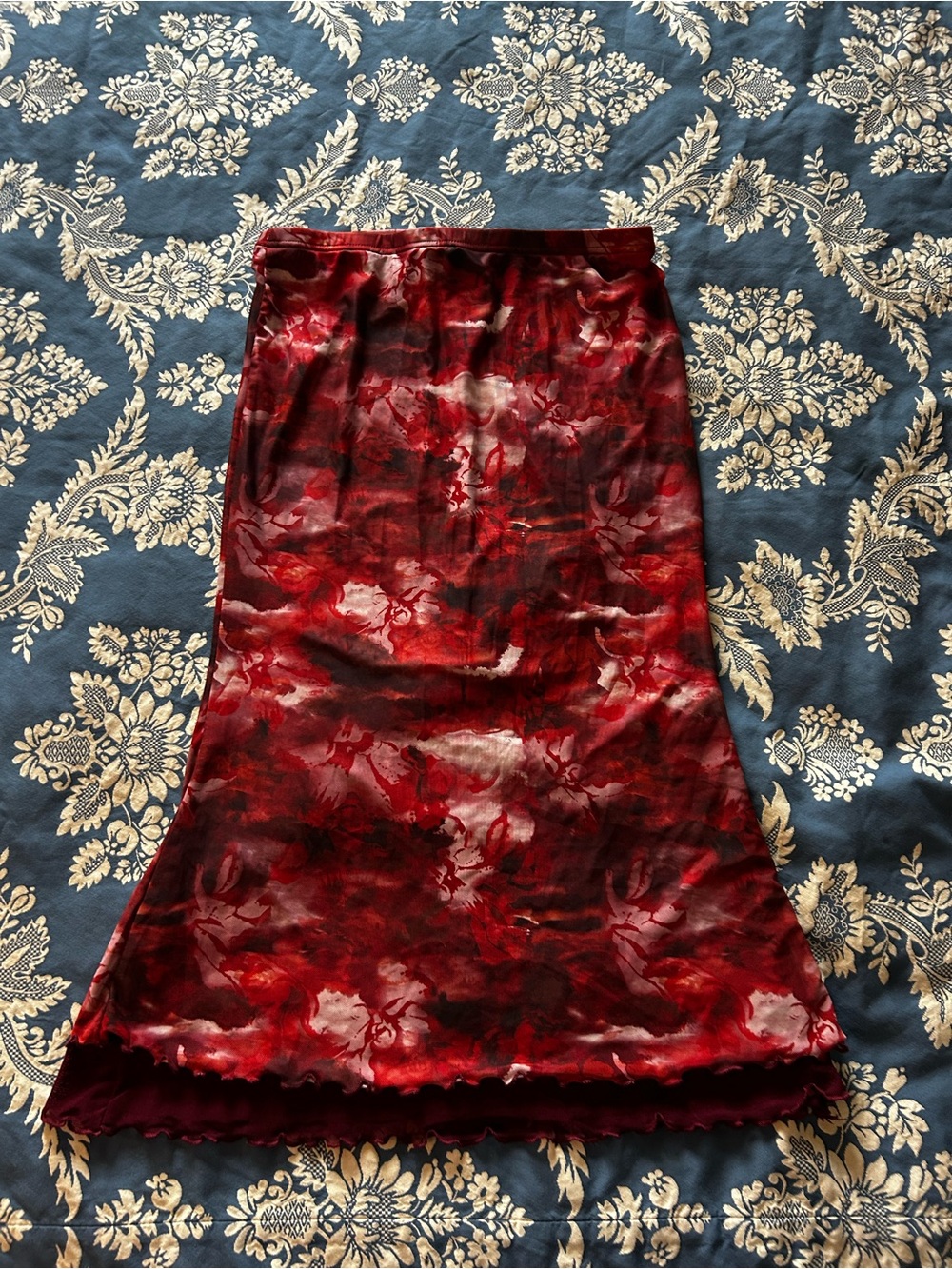 Red Floral Satin Midi Skirt
